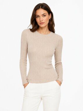 Quince Cotton Cashmere Ribbed Long Sleeve Sweater Heather Oatmeal Crewneck Small